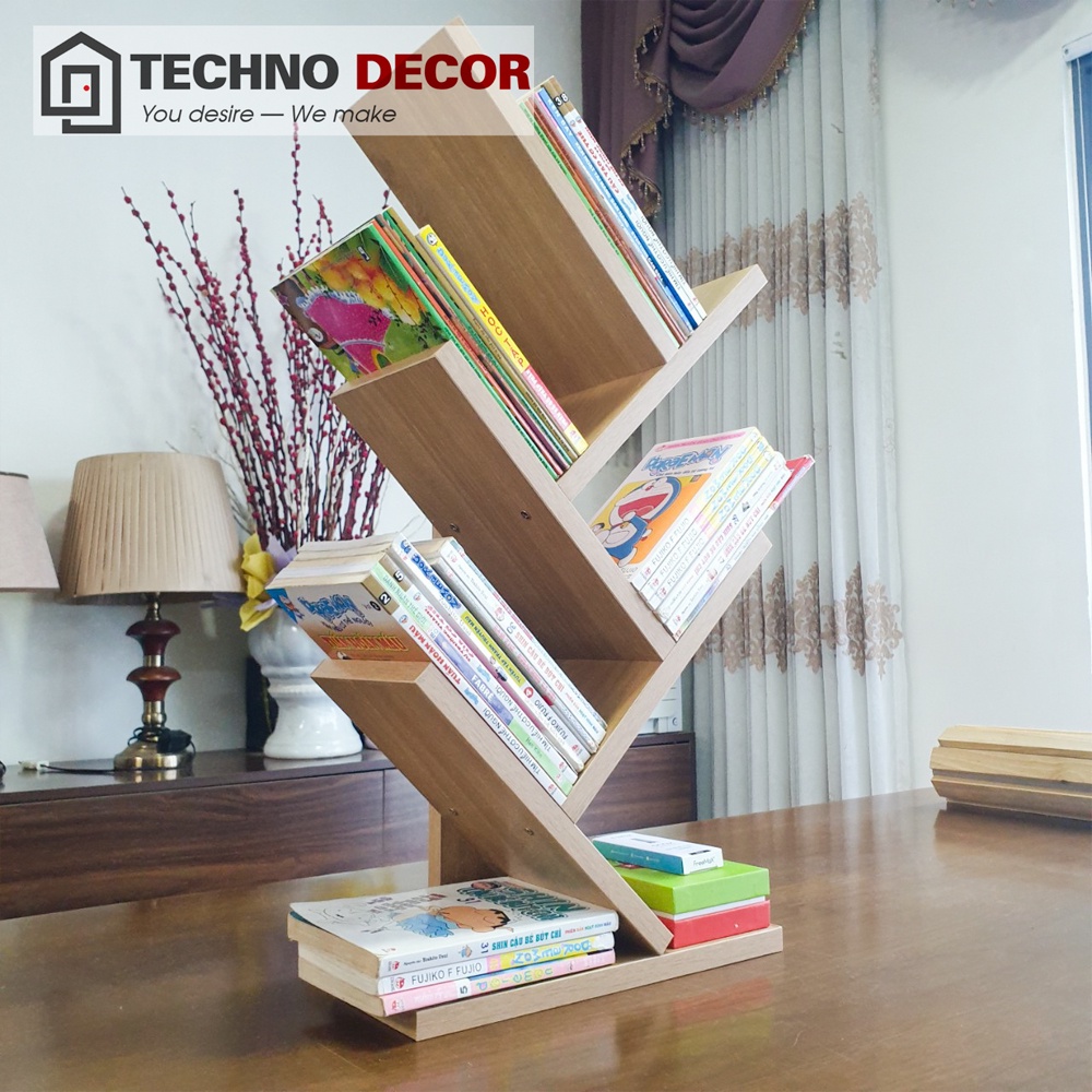 Kệ Sách Hình Cây Decor Phòng Làm Việc Phòng Khách 5 Tầng Nhỏ Gọn 60x31x37cm Bằng Gỗ TechnoDecor