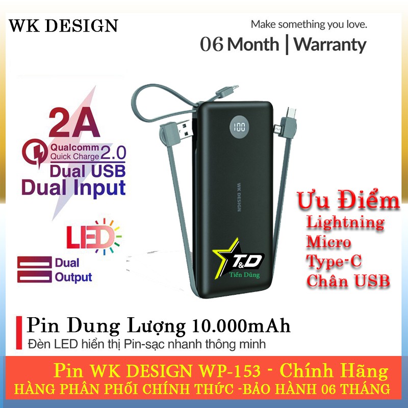 SẠC DỰ PHÒNG WK DESIGN WP-153 DUNG LƯỢNG 10.000MAH CÓ ĐÈN LEN HIỂN THỊ PIN CÓ CÁC DÂY SẠC CHÂN LIGHTNING  MICRO TYPE - C