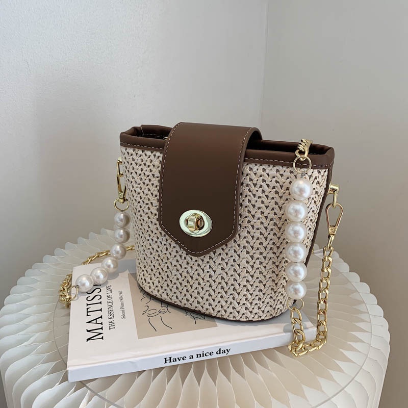 IELGY Túi Đeo Vai Dáng Xô Đính Ngọc Trai Phối Dây Xích Thời Trang Cho Nữ