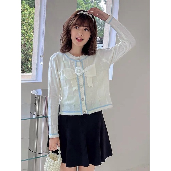 Áo len cardigan một hàng cúc bông 3D, áo dệt kim dài tay phong cách Hàn Quốc
