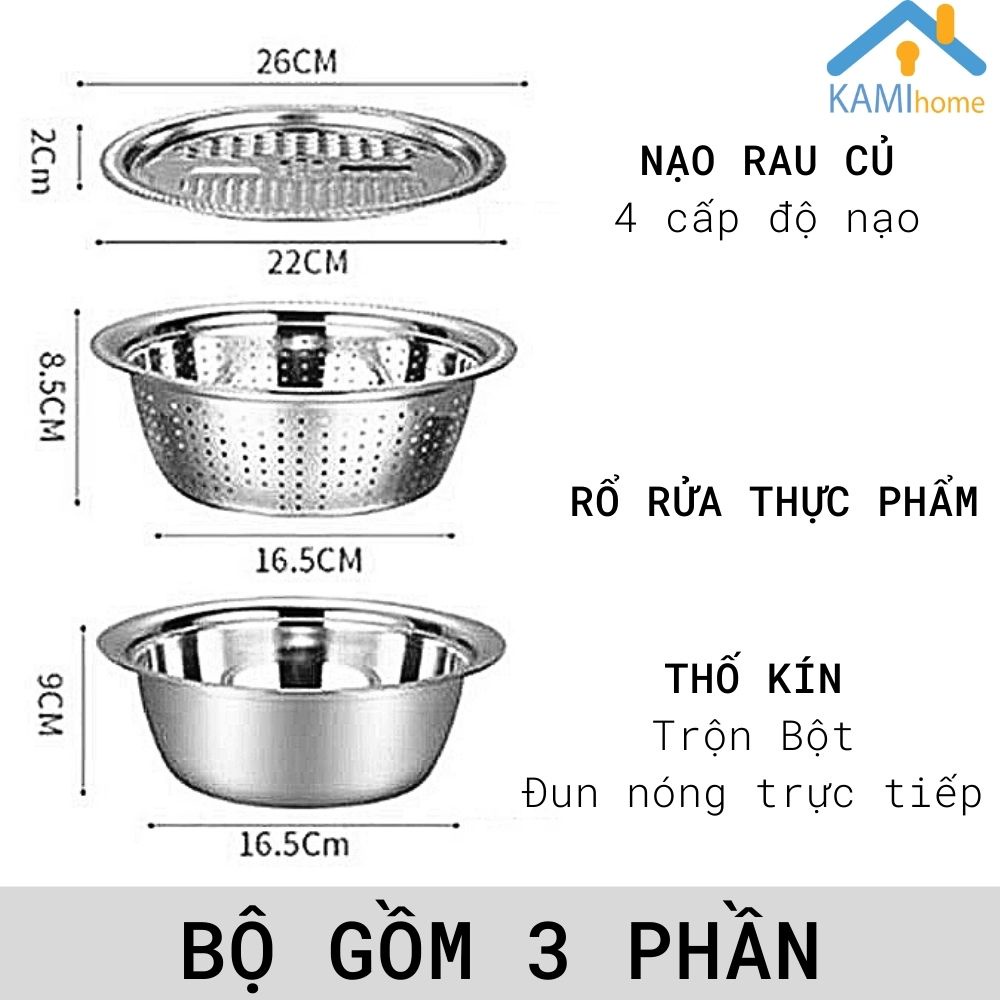 Bộ bát Inox đa năng gồm: Bàn nạo 4 kiểu + Rổ thưa + Thố đựng thực phẩm mã 20076