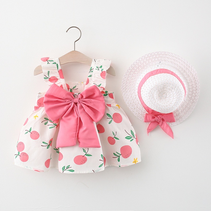 Đầm Cotton Tay Cánh Tiên Thắt Nơ Sau Lưng + Mũ Nhỏ Phong Cách Hàn Quốc Cho Nữ