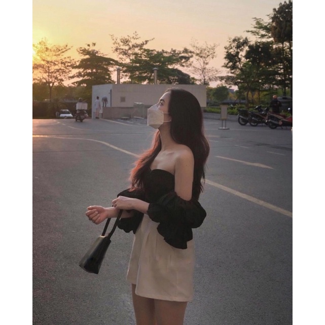 Áo Croptop Trễ Vai Tay Phồng Dáng Ôm Cúp Ngực Phong Cách Tiểu Thư Sang Chảnh