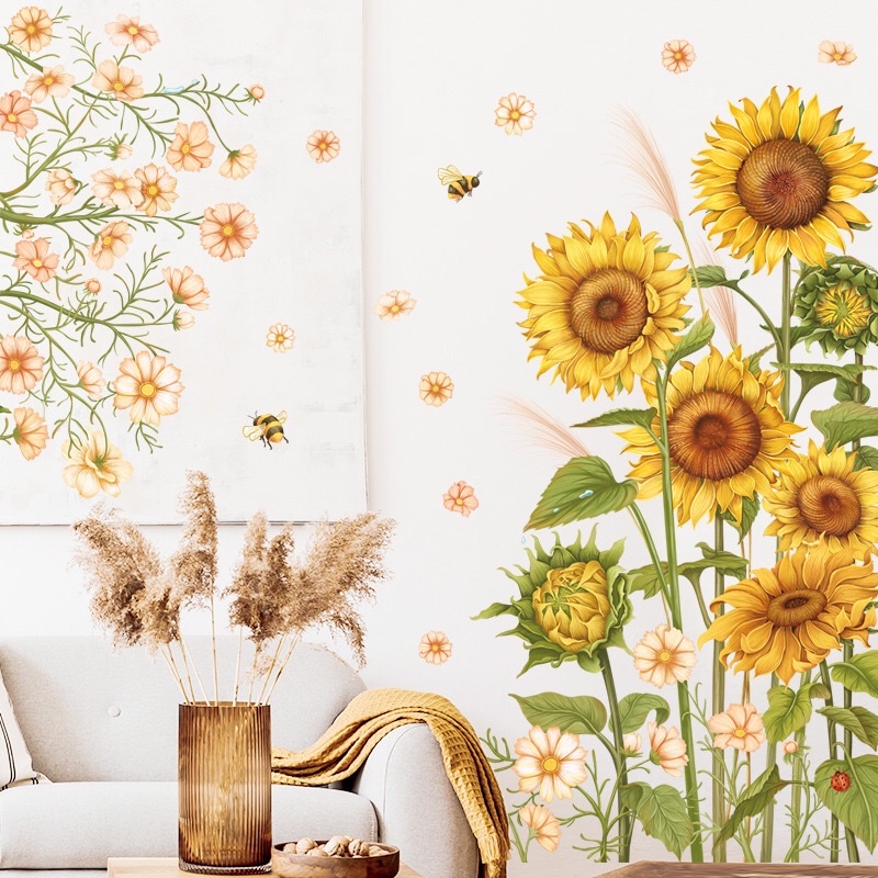 Decal dán tường , Tranh dán tường cụm hoa hướng dương phong cách hàn quốc , chất liệu cao cấp.