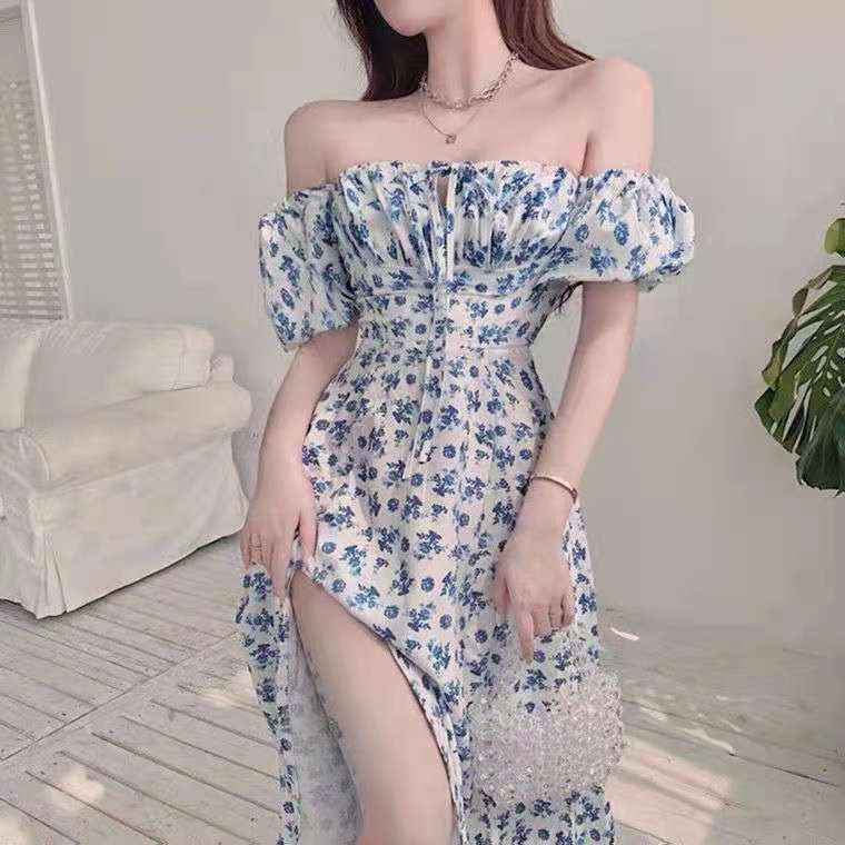 có hàng sẵnĐầm Dài Xẻ Tà In Họa Tiết Hoa Màu Xanh Dương Phong Cách Pháp Thời Trang Mùa Hè 2022 TTj143