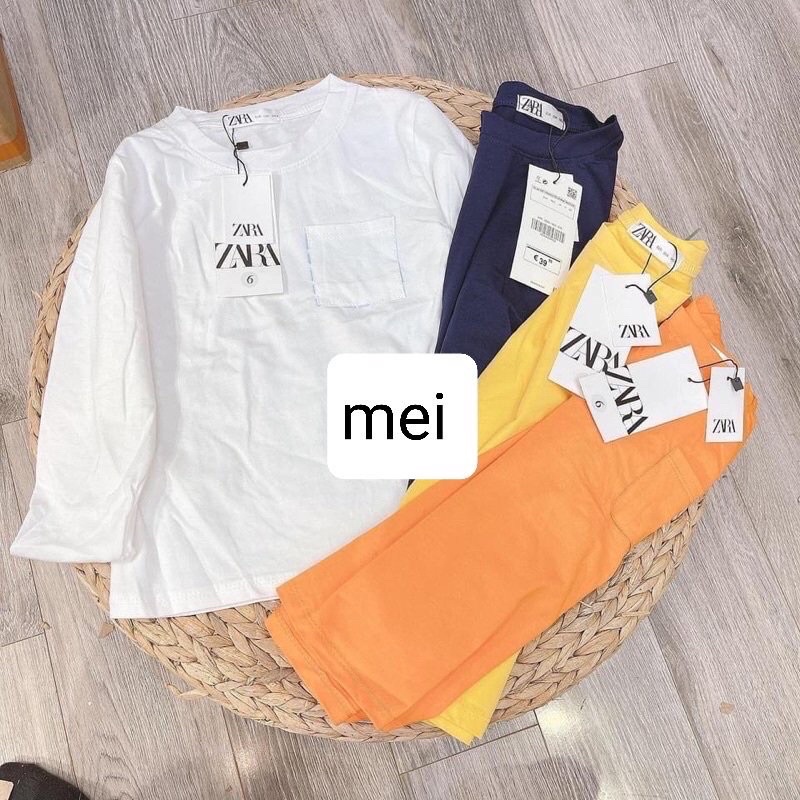 Set 4 áo trơn basic cotton thu đông dài tay Zara xuất xịn trẻ em có túi áo