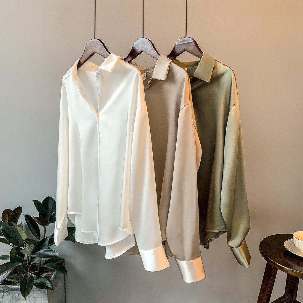 Áo Sơ Mi Satin Tay Dài Thanh Lịch Phong Cách Hong Kong Cổ Điển