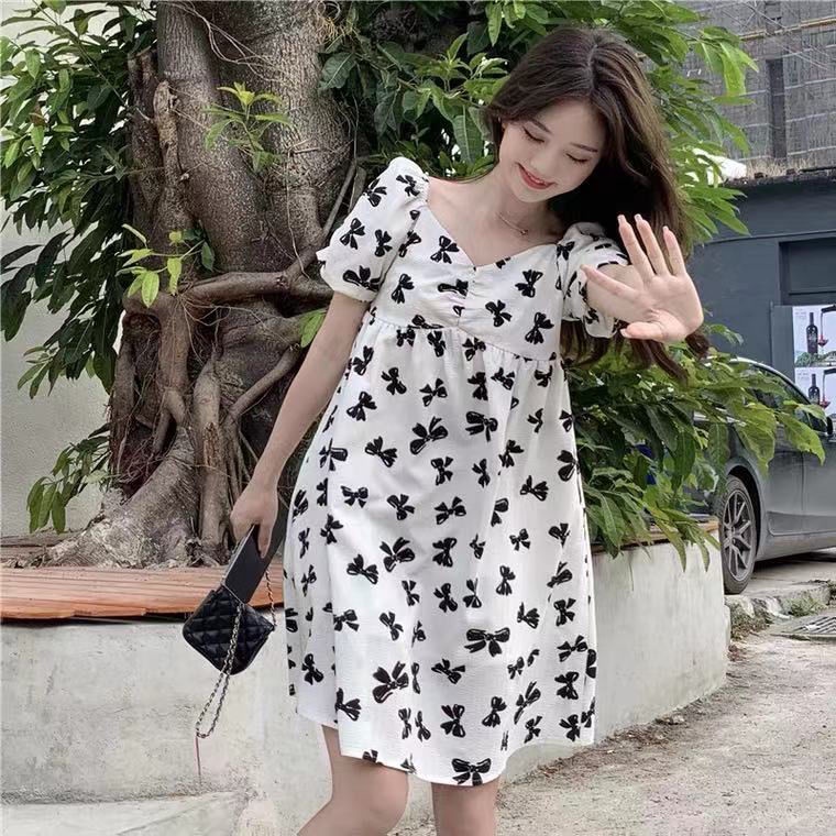Đầm Tay Phồng Ngắn Phối Nơ Phong Cách Pháp Hàng Mới Ngọt Ngào Mùa Hè Cho Nữ