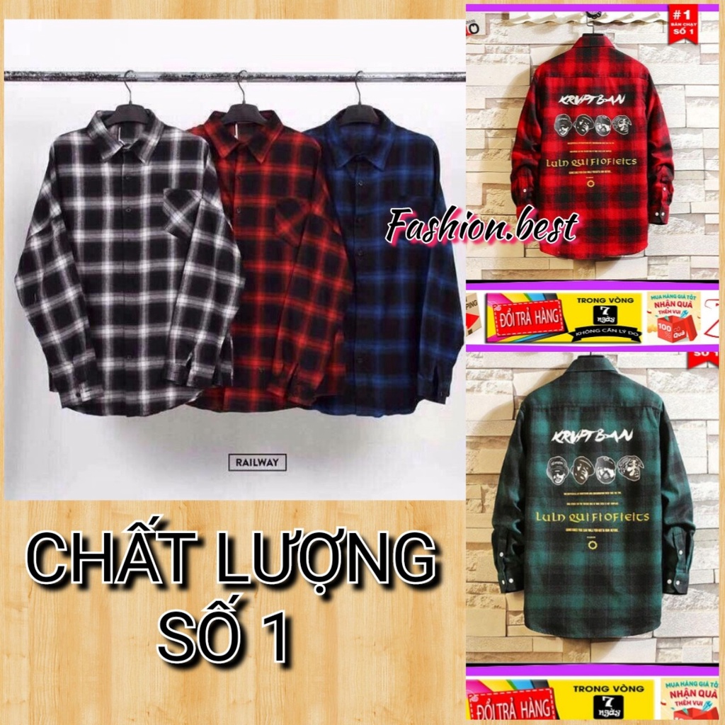 Áo sơ mi dài tayhọa tiết kẻ caro Flannel