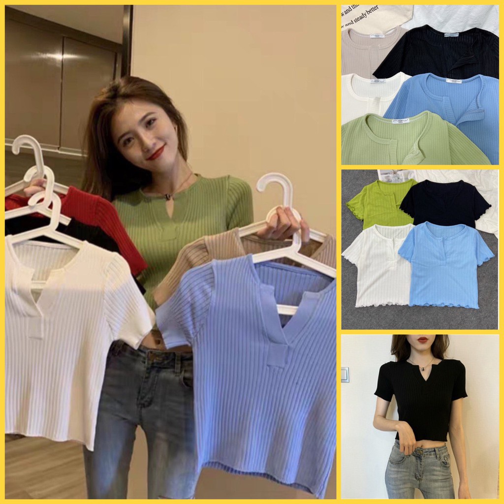 ÁO NỮ CROPTOP GÂN TAY NGẮN XẺ CỔ V | ÁO THUN NỮ DẠNG CROPTOP ĐẸP- AK0037 | bear.story