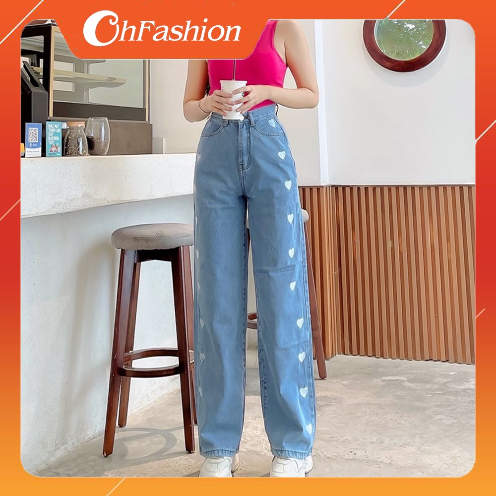 DEAL SỐC_Quần Jeans Nữ Ống Suông Thêu Trái Tim Cao Cấp OHS3903