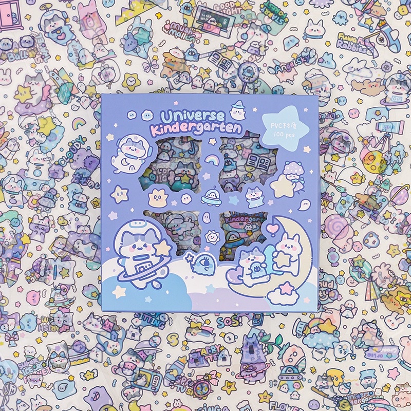 Sticker cute/Hộp set 100 tấm hình dán dễ thương Universe Kindergarten trang trí sổ planner bullet journal Tẻn Tẻn