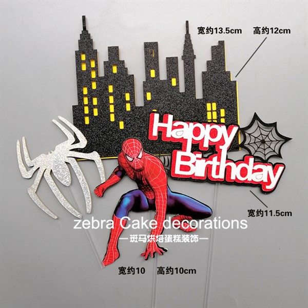 Set que cắm HPBD người nhện + tòa nhà đen mới - Phụ kiện trang trí bánh sinh nhật