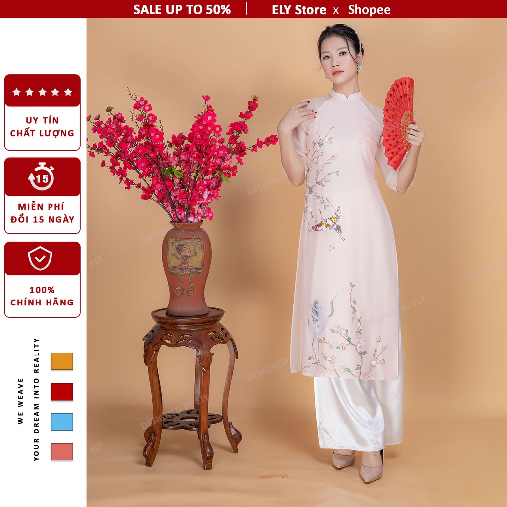 Áo dài nữ cách tân thiết kế đính kết ELY voan tơ dáng xuông cao cấp - ELV03