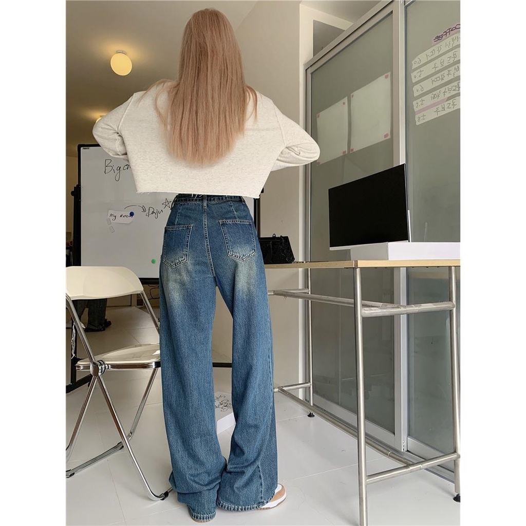 Quần jean ống rộng lưng cao giả hai lớp phong cách đường phố thời trang cho nữ