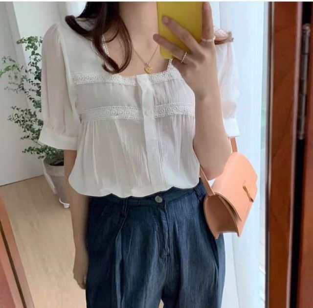 Áo cổ vuông ren cực sang chảnh ( có ảnh thật)