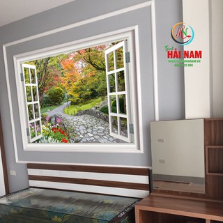 Tranh dán tường 3D cửa sổ - vải lụa phủ kim sa
