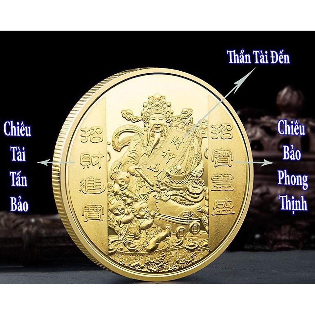 Đồng Xu Thần Tài Vàng Hong Kong Quà Phong Thủy , tặng kèm túi gấm long phụng