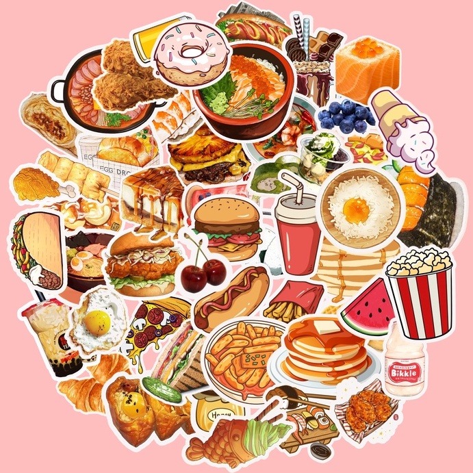 Set 50 sticker food cute nhãn dán đồ ăn mlem mlem