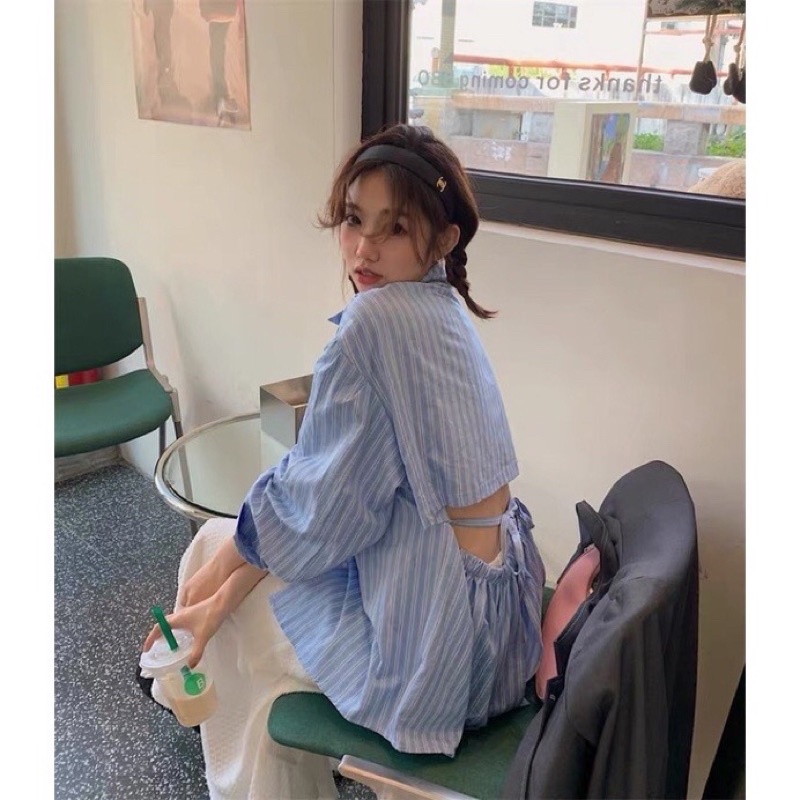 Áo sơ mi kẻ buộc nơ lưng 2 màu xanh đen✅H203