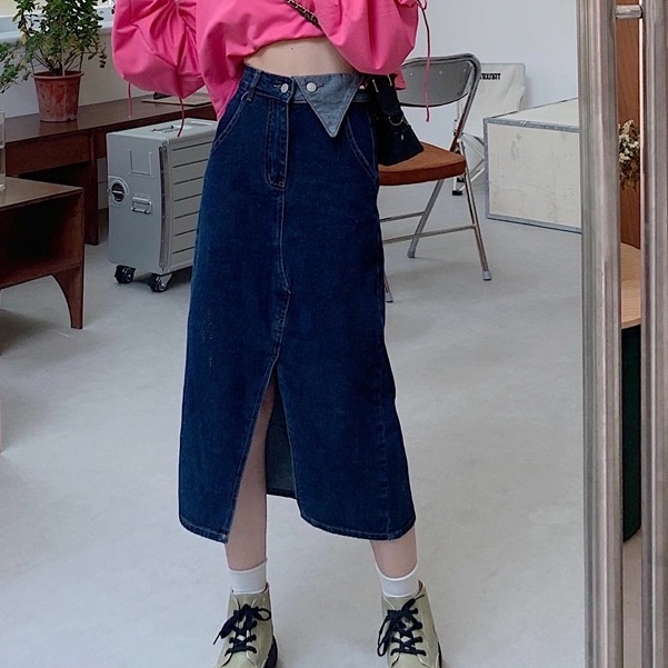 Chân váy jean kaki dáng dài, chân váy dài cạp cao hai màu xanh đen_A15