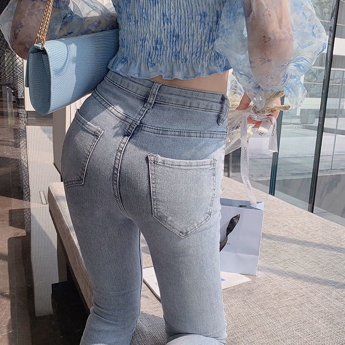 Quần jean lưng cao ống loe xẻ tà đính hạt thời trang Hàn Quốc quyến rũ dành cho nữ 2021