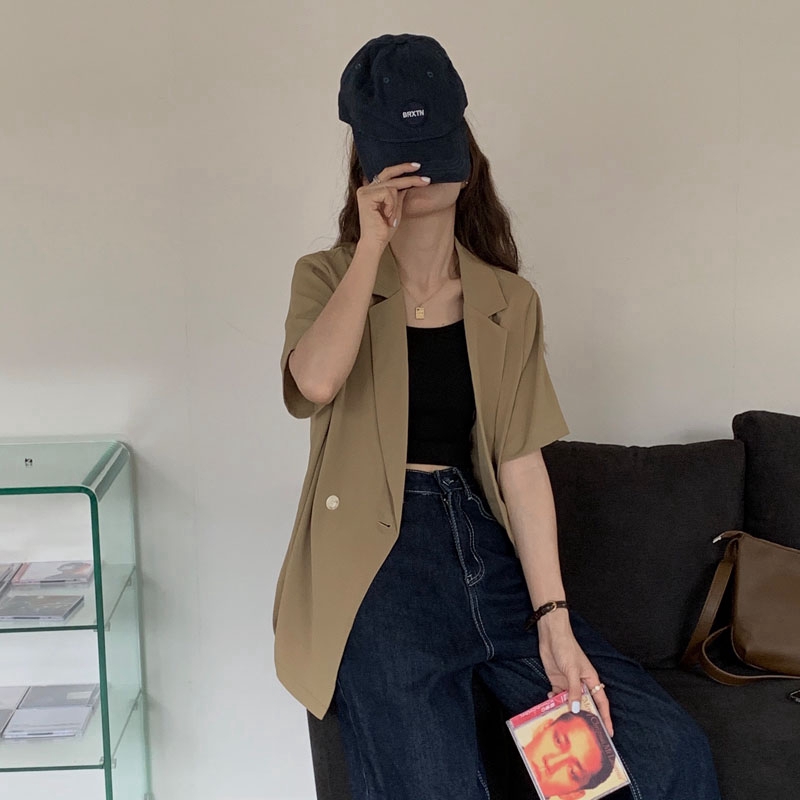 Áo Khoác Blazer Tay Ngắn Dáng Rộng Màu Sắc Đơn Giản Phong Cách Hàn Quốc | BigBuy360 - bigbuy360.vn