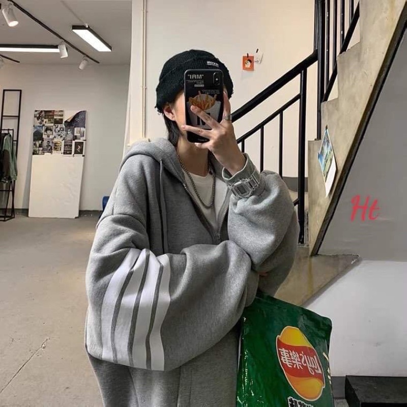 áo khoác nỉ khoá mũ 3 sọc tay bồng Kt55Ht62