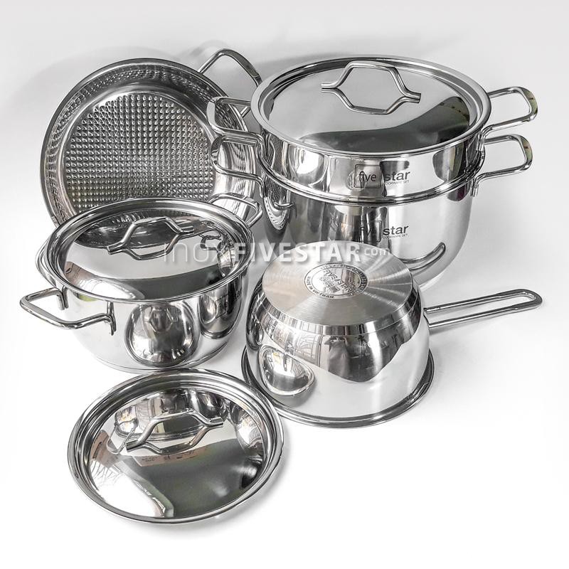 Bộ nồi xửng hấp quánh chảo caro inox 430 bếp từ 3 đáy FiveStars Standard 5 món NẮP INOX.tặng 1 vá canh inox