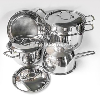 Bộ nồi xửng hấp quánh chảo caro inox 430 bếp từ 3 đáy FiveStars Standard 5 món NẮP INOX.tặng 1 vá canh inox