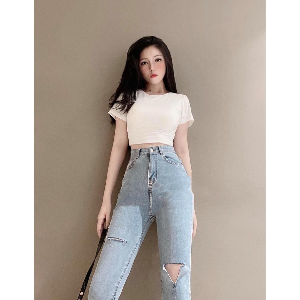 Quần jean nữ kiểu RÁCH ĐÙI XẺ RÁCH GỐI LAI xanh nhạt bảng size 26-30 chất jean giãn tốt R.10-91