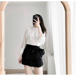 Áo sơ mi tơ bèo vai cổ đức tay thắt nơ - áo sơ mi công sở nữ