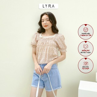 Áo hoa nhí nữ cổ vuông viền ren LYRA, chất liệu voan dáng ôm chun thân phối bèo tầng xinh xắn-VSYAC0105