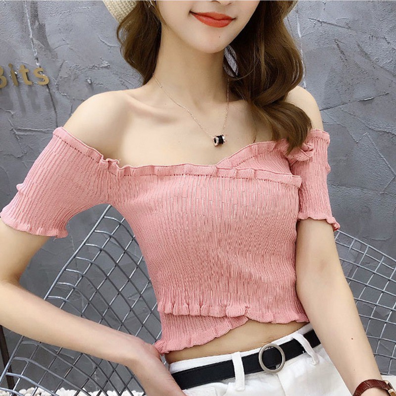 Áo Dệt Kim Tay Ngắn Thiết Kế Trễ Vai Quyến Rũ