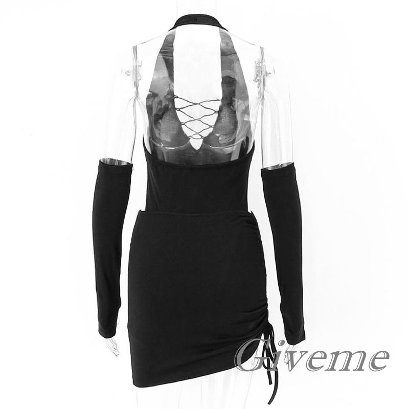 G GIVEME Bộ Áo Liền Quần Cổ Chữ V Khoét Rỗng Buộc Dây Phối Chân Váy Xếp Nếp Tay Ngón Cái Cho Nữ