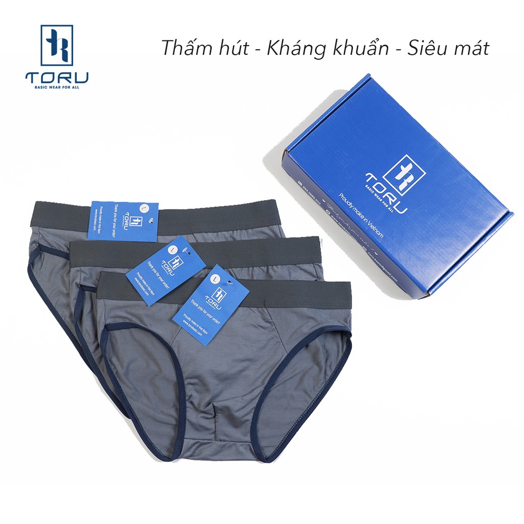 Quần lót nam cotton cao cấp thương hiệu Toru, 3 màu Đen, Xanh Navy, Xám, Kháng khuẩn thoáng mát và co giãn mềm mại