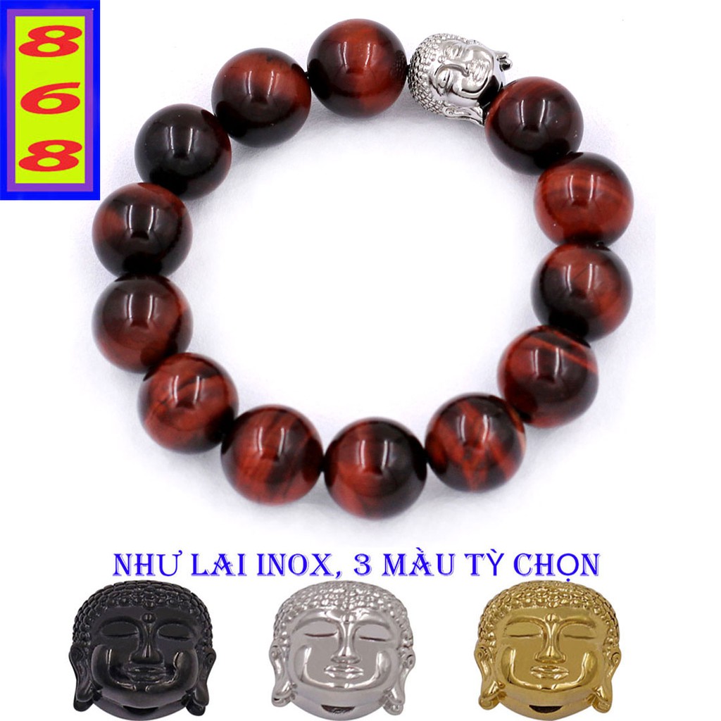 Vòng đeo tay Đá Tự Nhiên Đỏ Đen 14 ly Charm Phật A Di Đà inox VMHOENLT14 - hợp mệnh Hỏa, mệnh Thổ