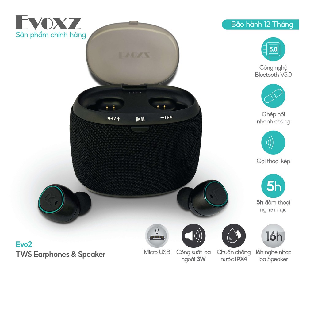 Tai nghe Bluetooth TWS Evoxz EVo2  - màu đen