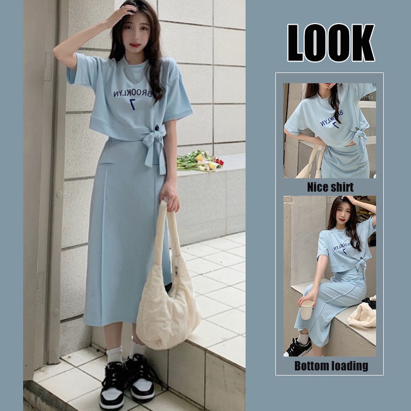 Set Áo Thun Tay Ngắn Phối Chân Váy 2022 Vải Cotton Thời Trang Mùa Hè Mới Cho Bạn Gái