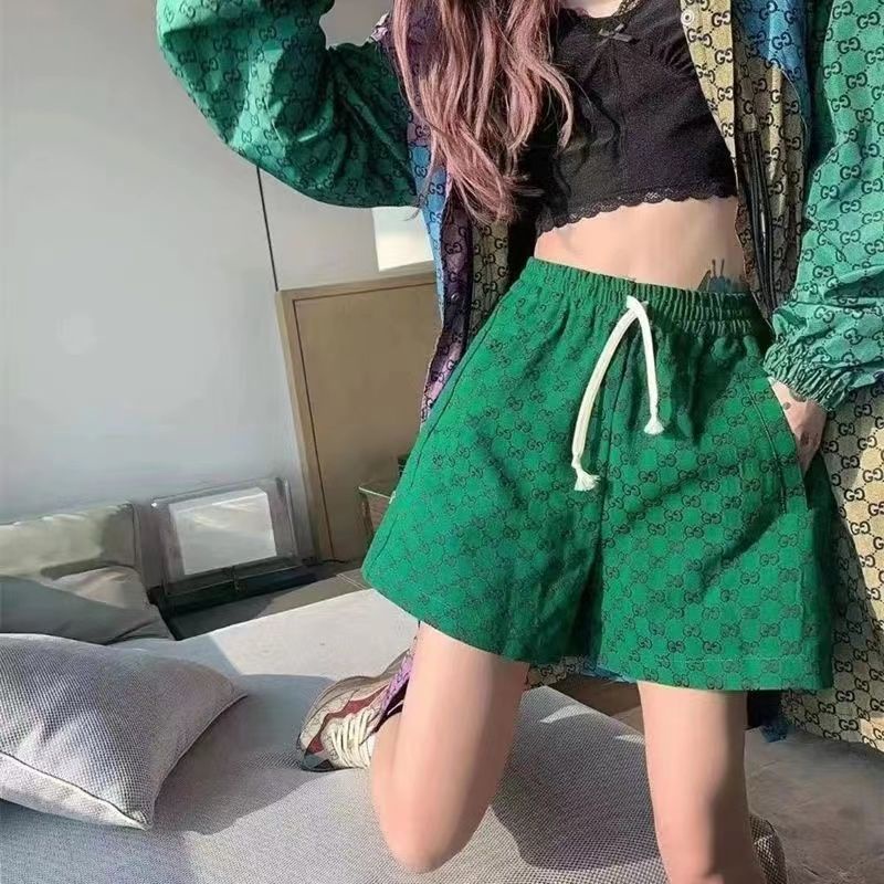 Shorts European and American green shorts women's spring and summer thin straps loose elastic waist casual large size five-point pants wide-leg pants trendy Z3