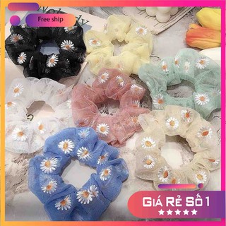 Dây buộc tóc scrunchies vải lưới in hoa cúc,dây buộc tóc nữ thời trang