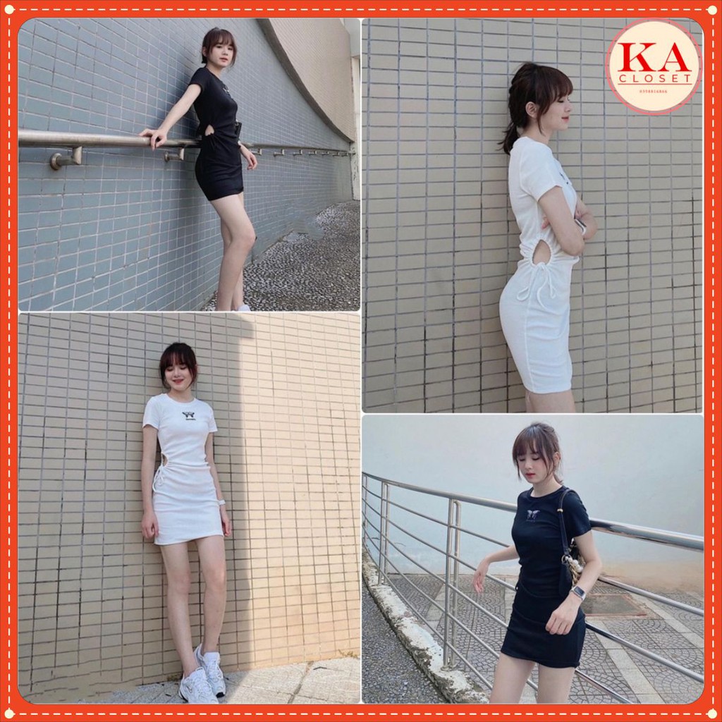 Váy body thêu KA Closet chất cotton dầy, co dãn tốt, 2 màu Đen, Trắng, hình thêu, khoe eo