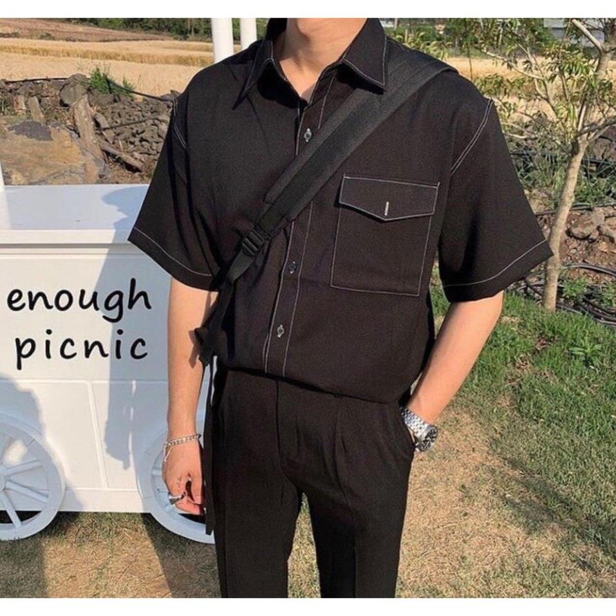 Áo sơ mi tay ngắn trắng đen Viền Chỉ, Cổ Vest unisex nam nữ form rộng vải lụa túi hộp cao cấp năm 2020 *