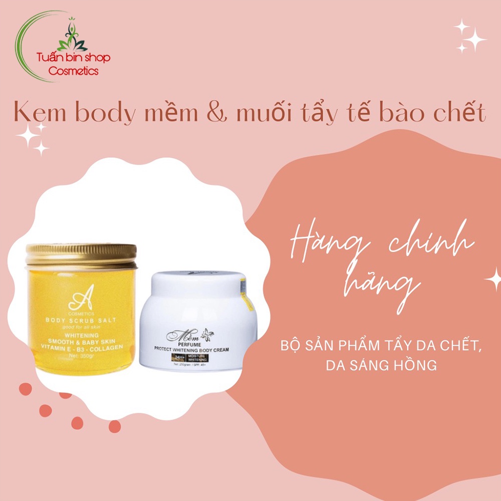 Bộ sản phẩm tẩy da chết, dưỡng trắng da Acosmetics (Kem body mềm nước hoa và Muối tẩy tế bào chết trái cây)