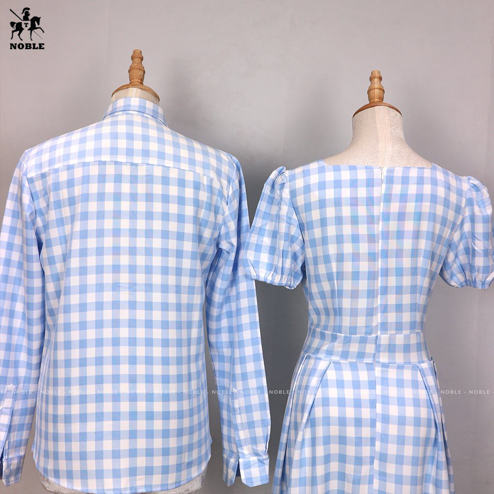 [Freeship] Set đồ đôi áo sơ mi nam đầm nữ caro xanh, dự tiệc, dạo phố thời trang Noble TN437 (kèm ảnh thật)