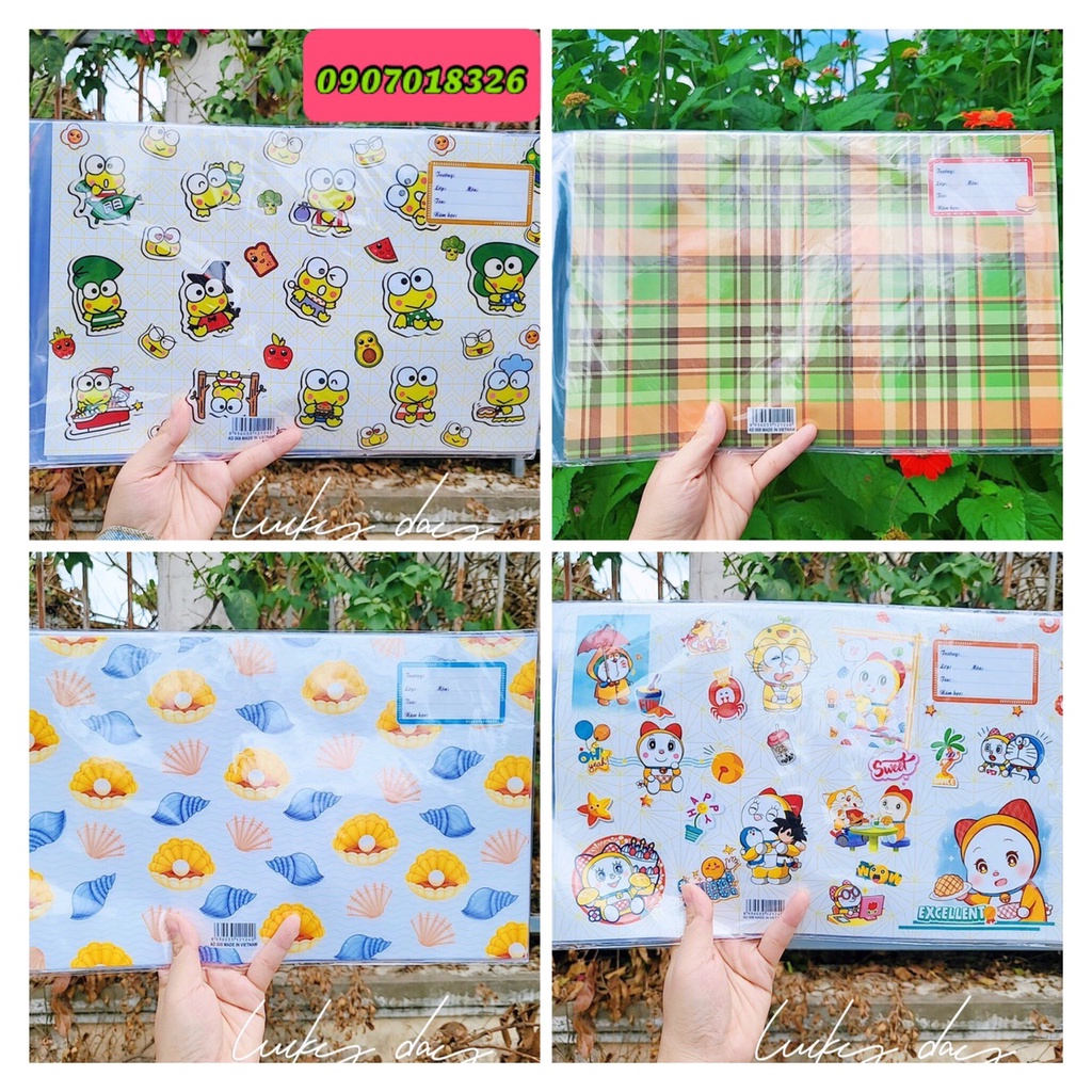 Xấp 10 tờ giấy bao tập kèm giấy kiếng có keo, giấy nhãn, bao vừa cuốn tập 15cmx20cm không gấp. quatangsuutam.vn