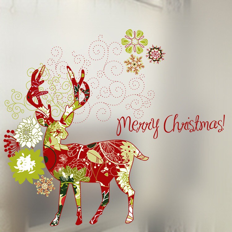 Decal dán kính cao cấp - Con Tuần Lộc Đỏ Merry Chritmas ( 60x58 )