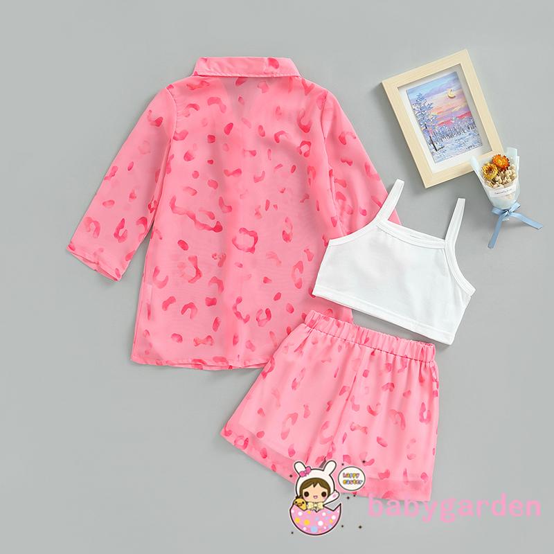 Set Đồ 3 Món Gồm Áo Khoác Tay Dài In Họa Tiết Da Báo + Áo Hai Dây Màu Trắng + Quần Short Lưng Thun Cho Bé Gái 3 Tuổi