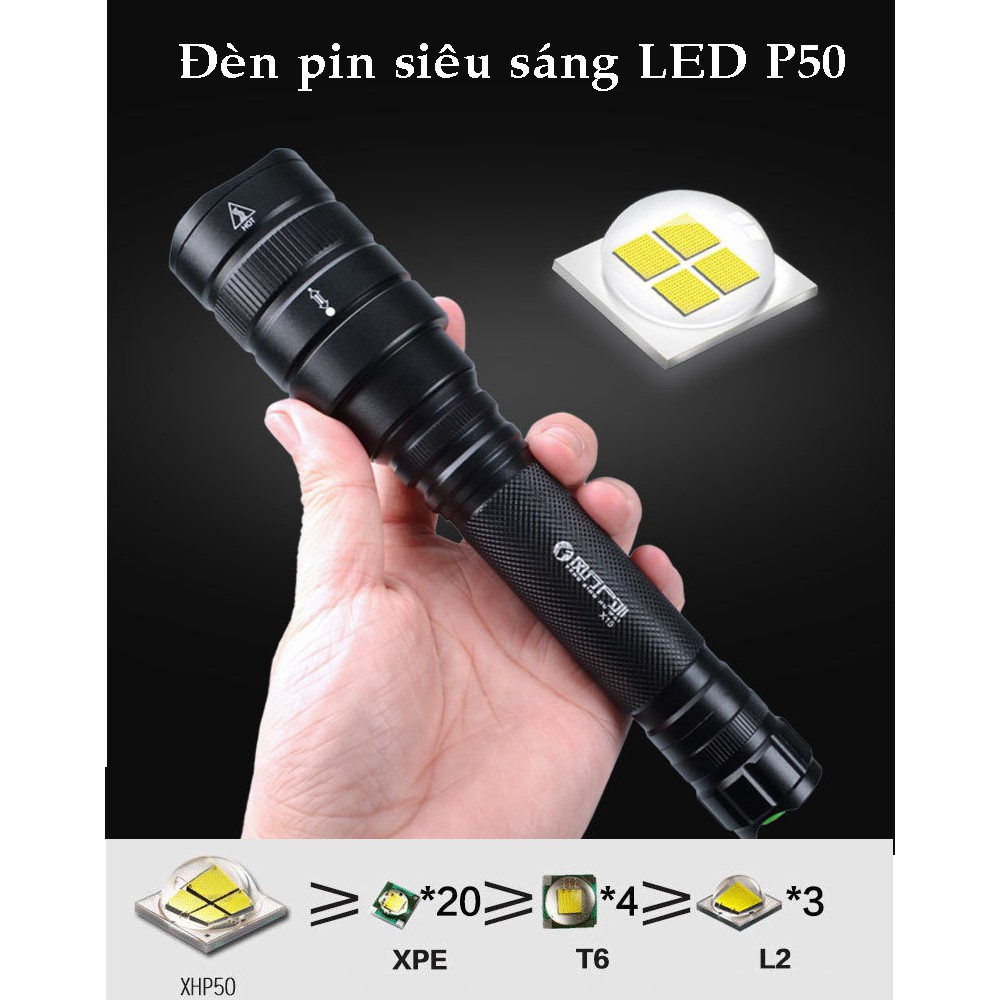 Đèn pin siêu sáng LED P50 sáng gấp 4 lần Led T6 dùng 2 pin + tặng kèm đế sạc pin đôi