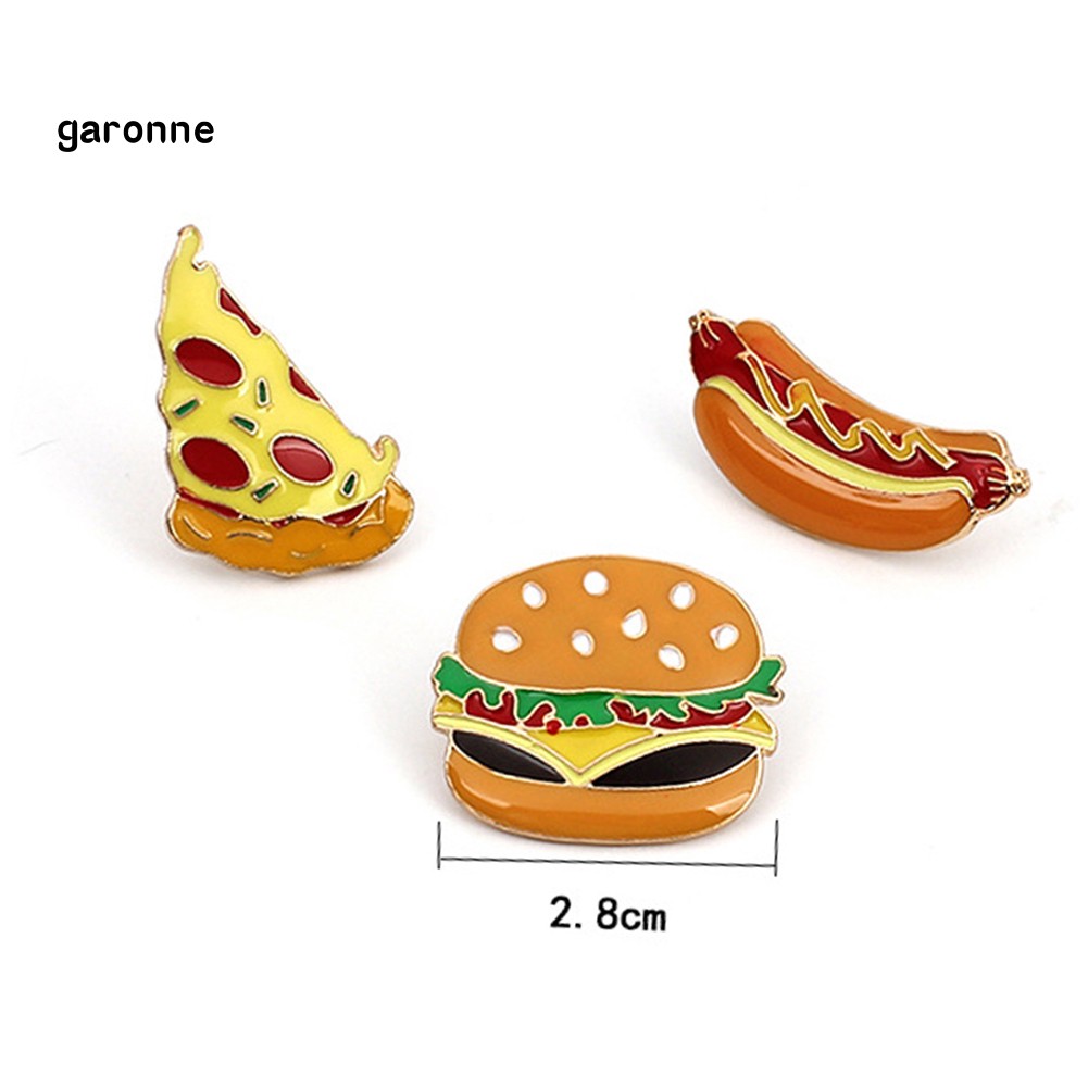 Bộ 3 ghim cài áo họa tiết hoạt hình bánh Pizza xúc xích Hamburger tráng men dùng làm quà tặng